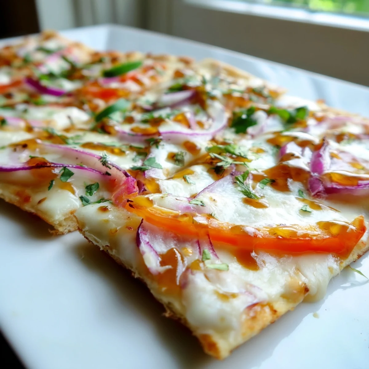 Freshly baked Sweet Heat Honey Garlic Flatbread Pizza topped with cilantro and a honey drizzle.