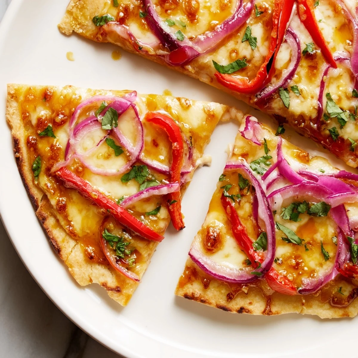 Sweet Heat Honey Garlic Flatbread Pizza on a wooden board, featuring a crispy crust and bell peppers.