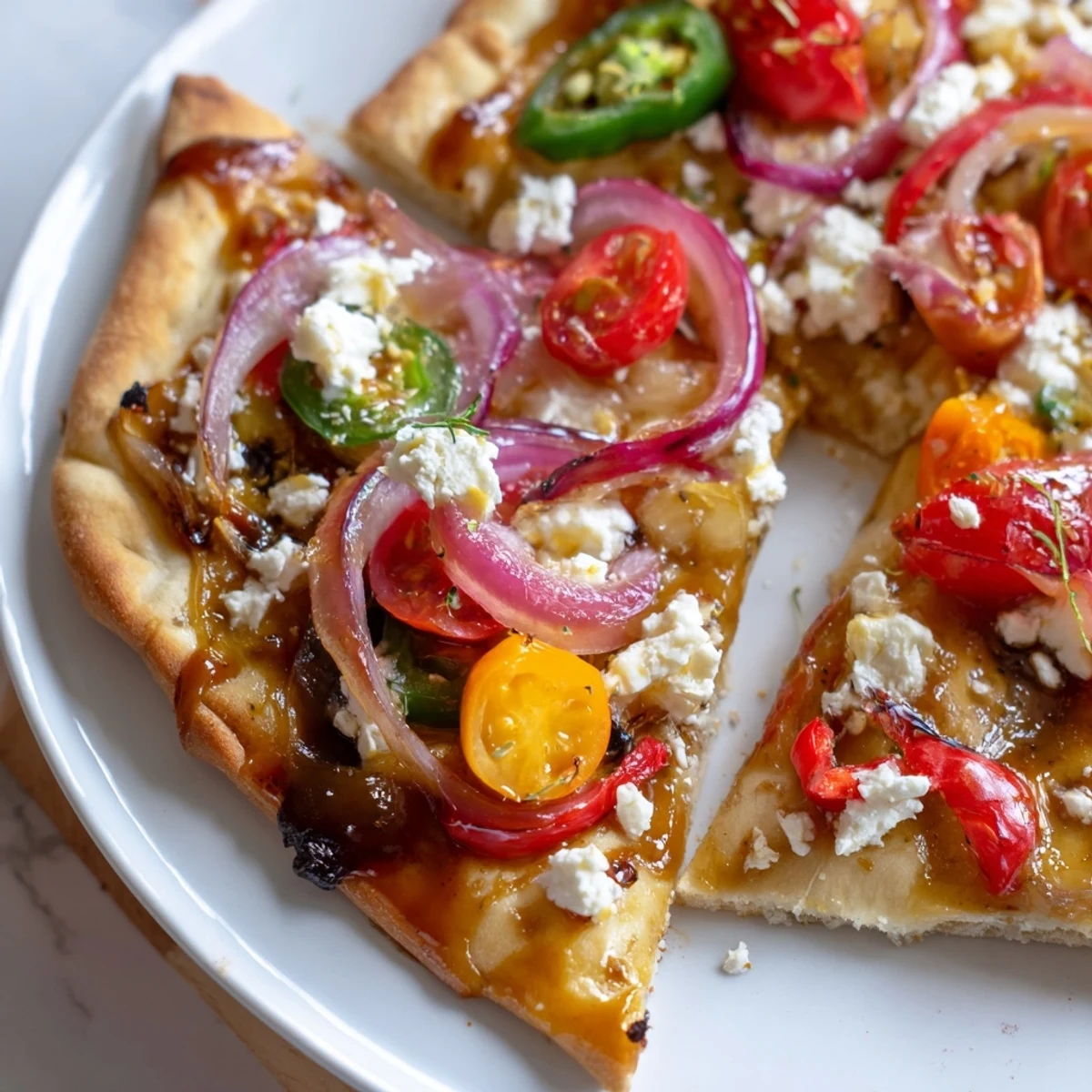 Golden-brown flatbread topped with melted mozzarella, fresh veggies, and a drizzle of sweet heat honey garlic sauce.