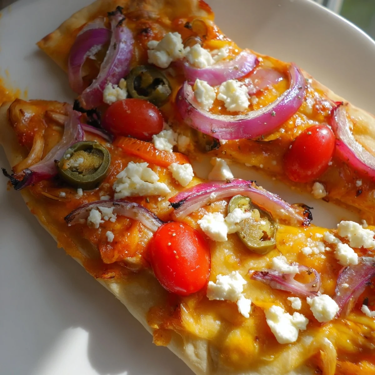 Slice of Sweet Heat Honey Garlic Flatbread Pizza served hot with fresh cilantro and jalapeños.
