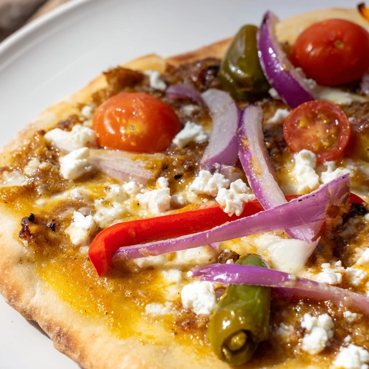 A close-up of a cheesy flatbread pizza with spicy red peppers and honey garlic glaze.