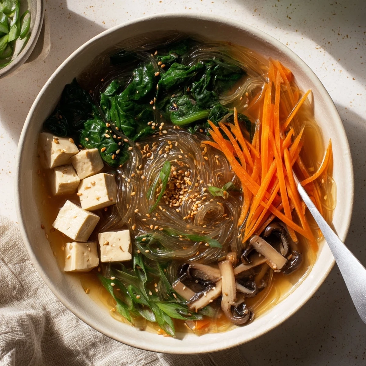 A close-up of Japanese Harusame Noodle Soup with glass noodles, tofu, and wilted spinach in a savory broth.