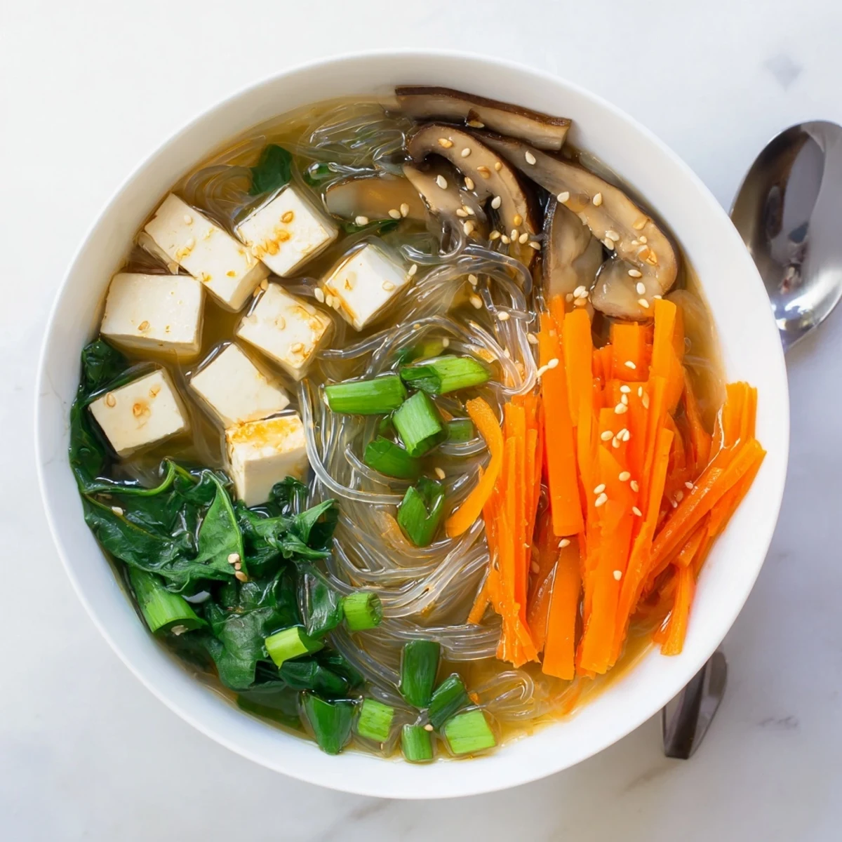 Steam rises from a bowl of Japanese Harusame Noodle Soup garnished with sesame seeds and fresh spring onions.