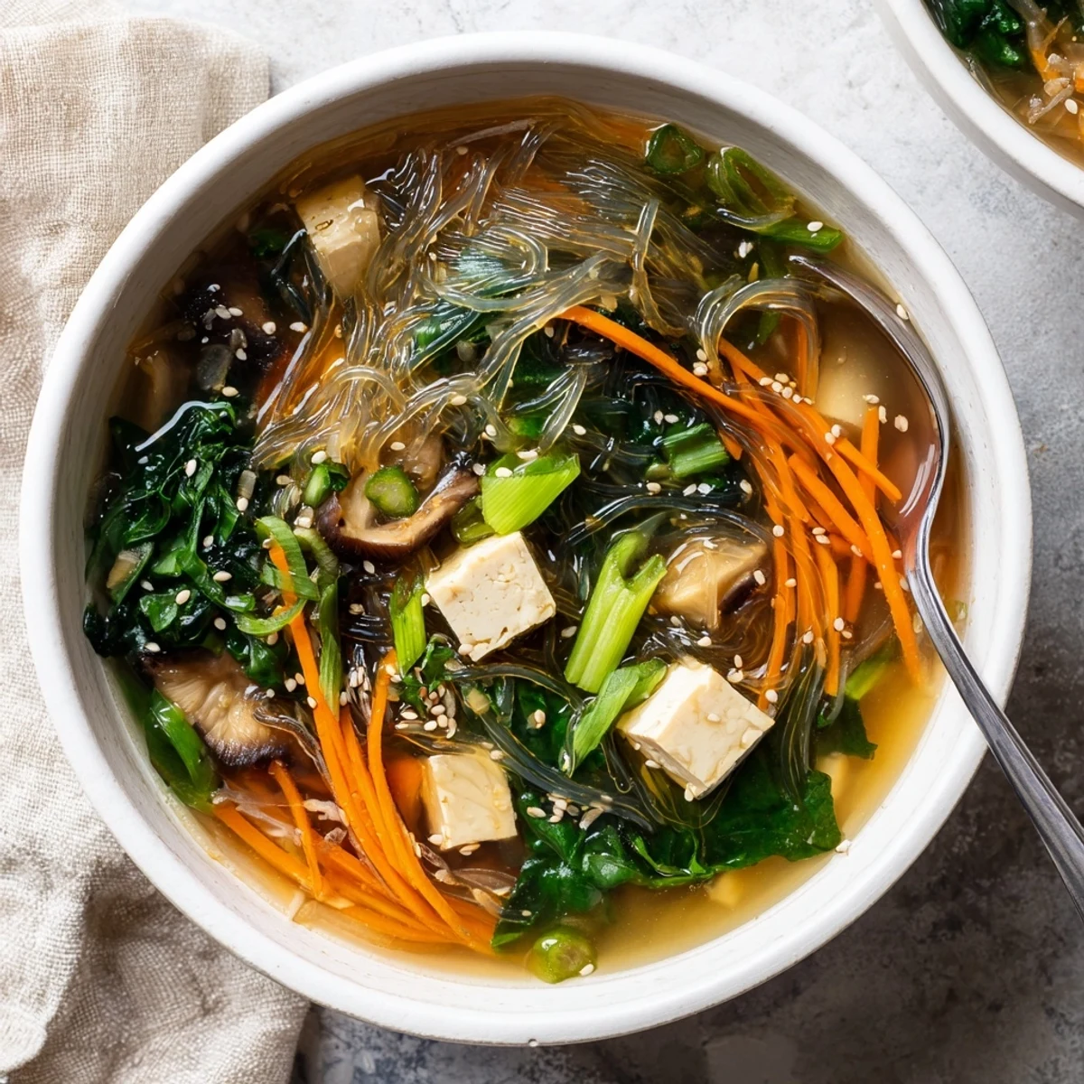 A serving of Japanese Harusame Noodle Soup featuring julienned carrots and shiitake mushrooms in a clear dashi broth.