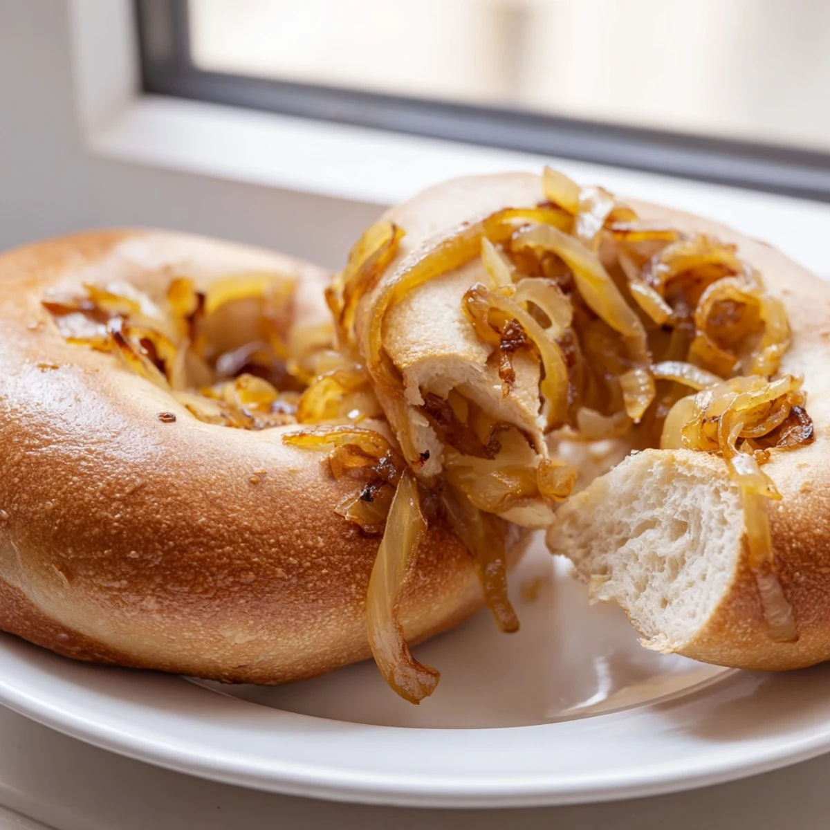 Golden-brown Sourdough Onion Bagels with caramelized onions glistening on top, served on a wooden board for a rustic breakfast spread.
