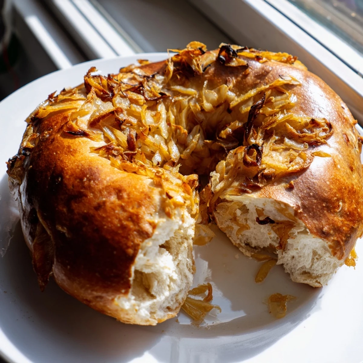 Eight freshly baked Sourdough Onion Bagels arranged on a cooling rack, their crusts crisp and onion topping invitingly savory.