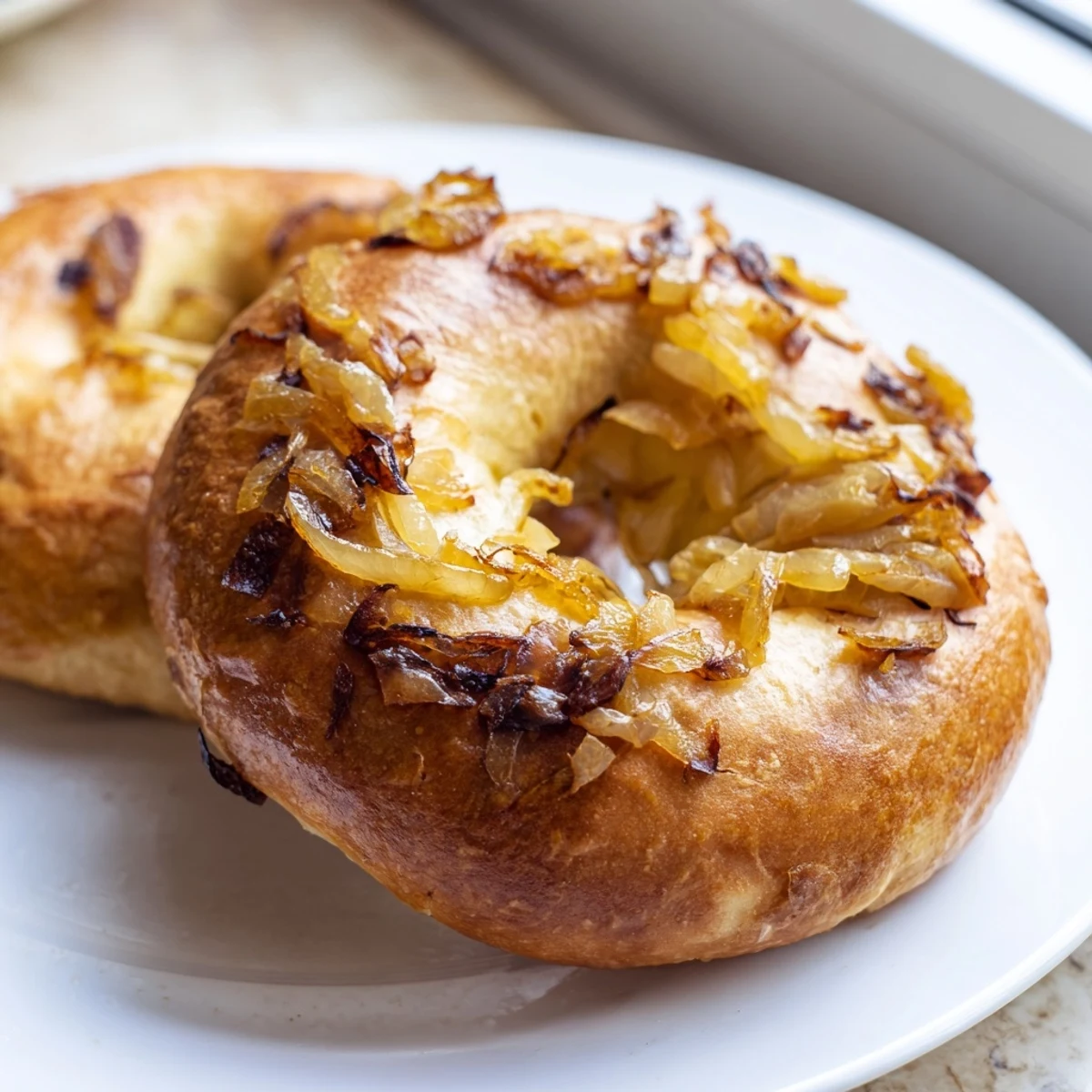 A close-up of a sliced Sourdough Onion Bagel showing the chewy crumb and sweet, deeply caramelized onion topping.