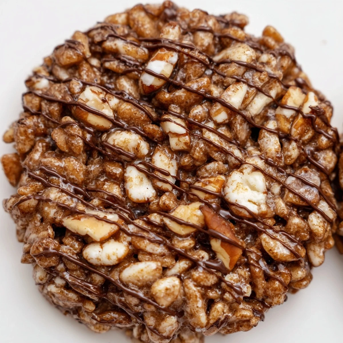 A close-up of golden no-bake coffee crunch Rice Krispie cookies beside steaming mugs of coffee on a cozy table.