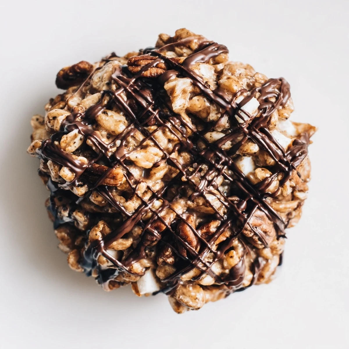 Delicate stacks of no-bake coffee crunch Rice Krispie cookies drizzled with melted chocolate on a marble board.