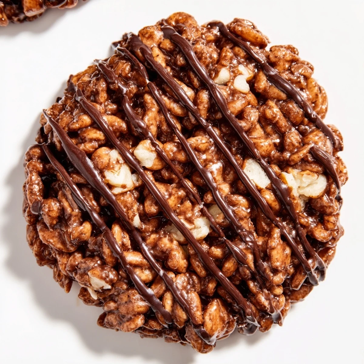 Bright overhead shot of no-bake coffee crunch Rice Krispie cookies with crunchy texture and a chocolate drizzle on a baking sheet.