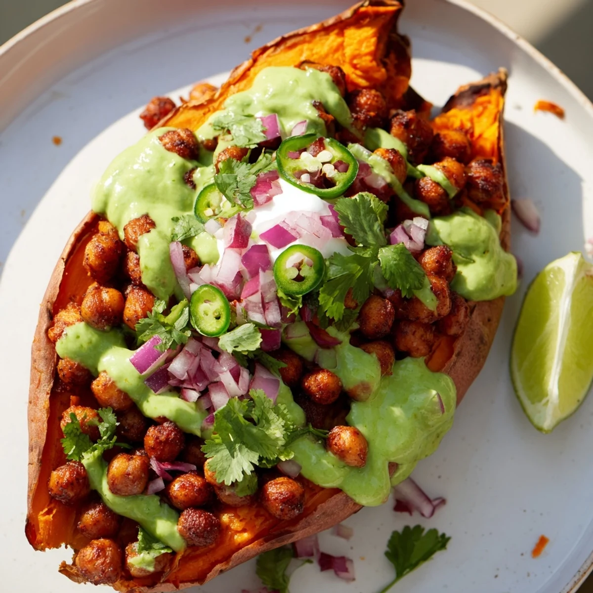 Golden roasted sweet potatoes split open, filled with smoky BBQ chickpeas and drizzled with creamy avocado-lime sauce for a hearty vegan meal.