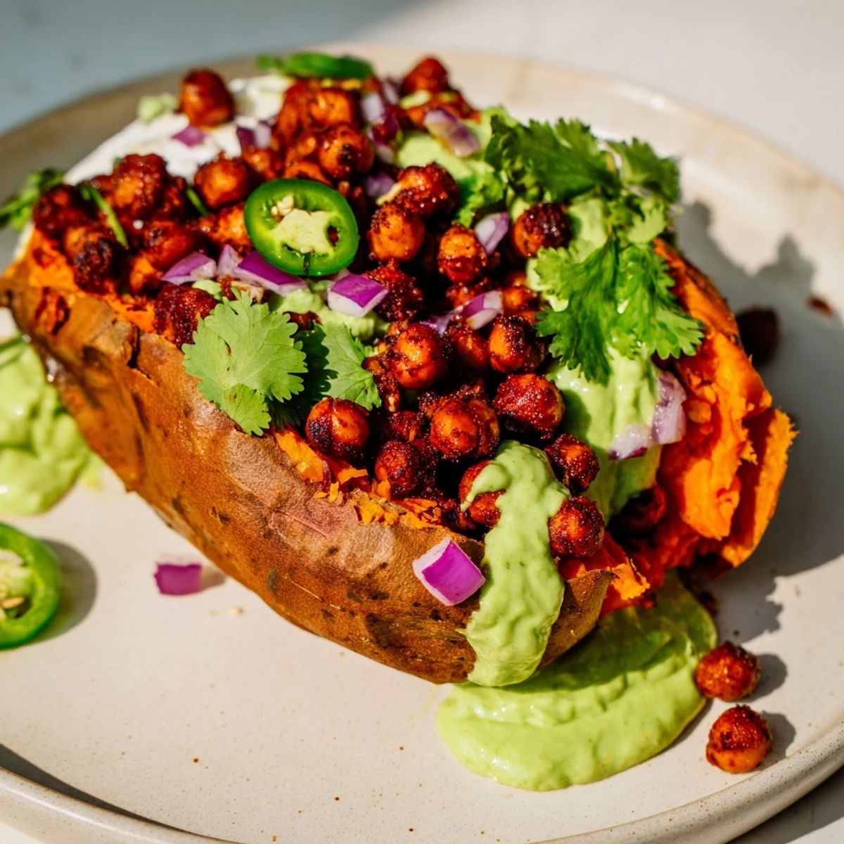 Vegan BBQ chickpea sweet potatoes served hot on a plate, garnished with vegan sour cream and ready for a satisfying American dinner.
