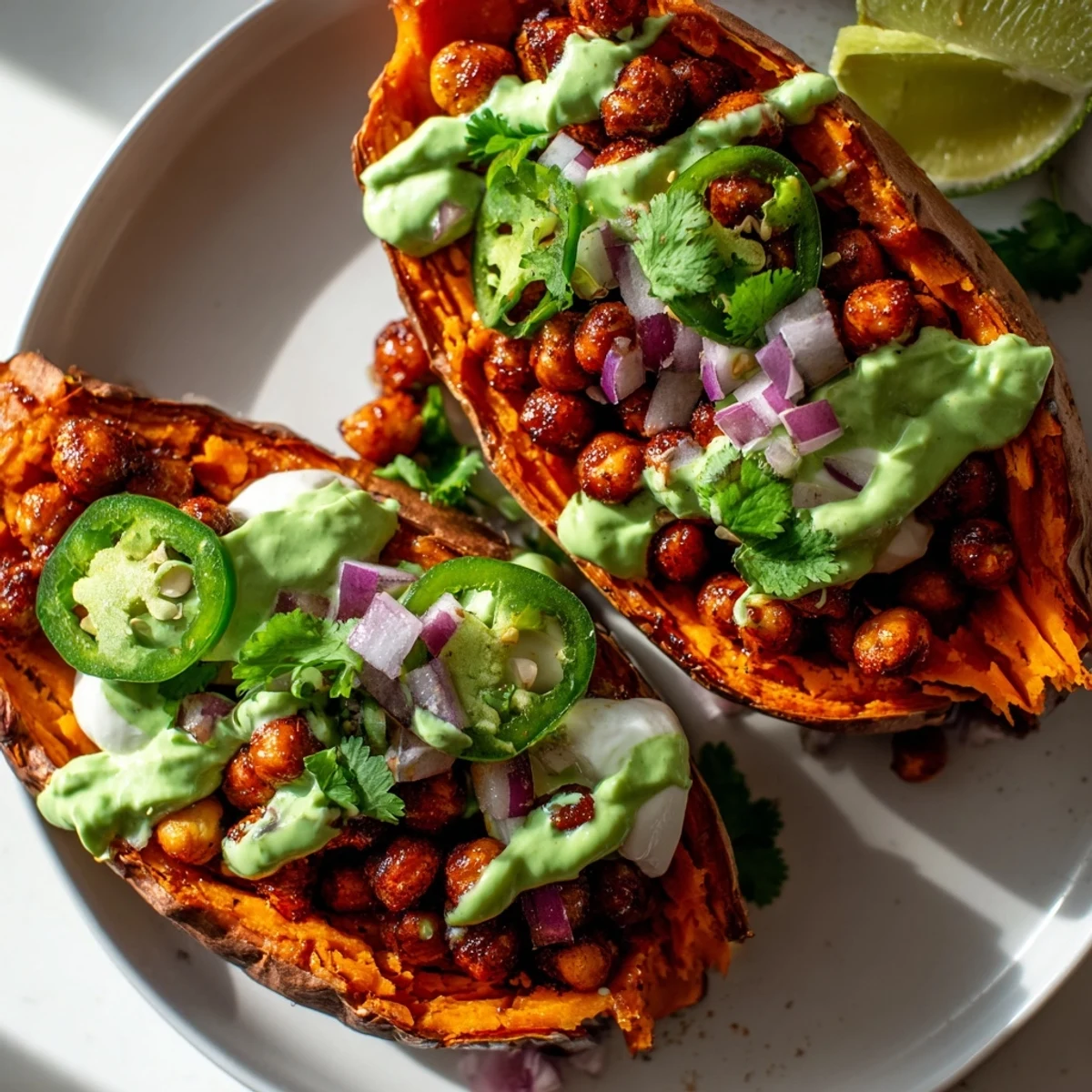 A close-up of stuffed vegan BBQ chickpea sweet potatoes topped with fresh cilantro, red onion, and a spicy jalapeño slice.