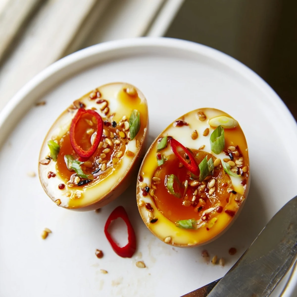 Perfectly peeled Korean marinated eggs glistening in a sweet and savory soy sauce glaze, topped with green onions and sesame seeds.