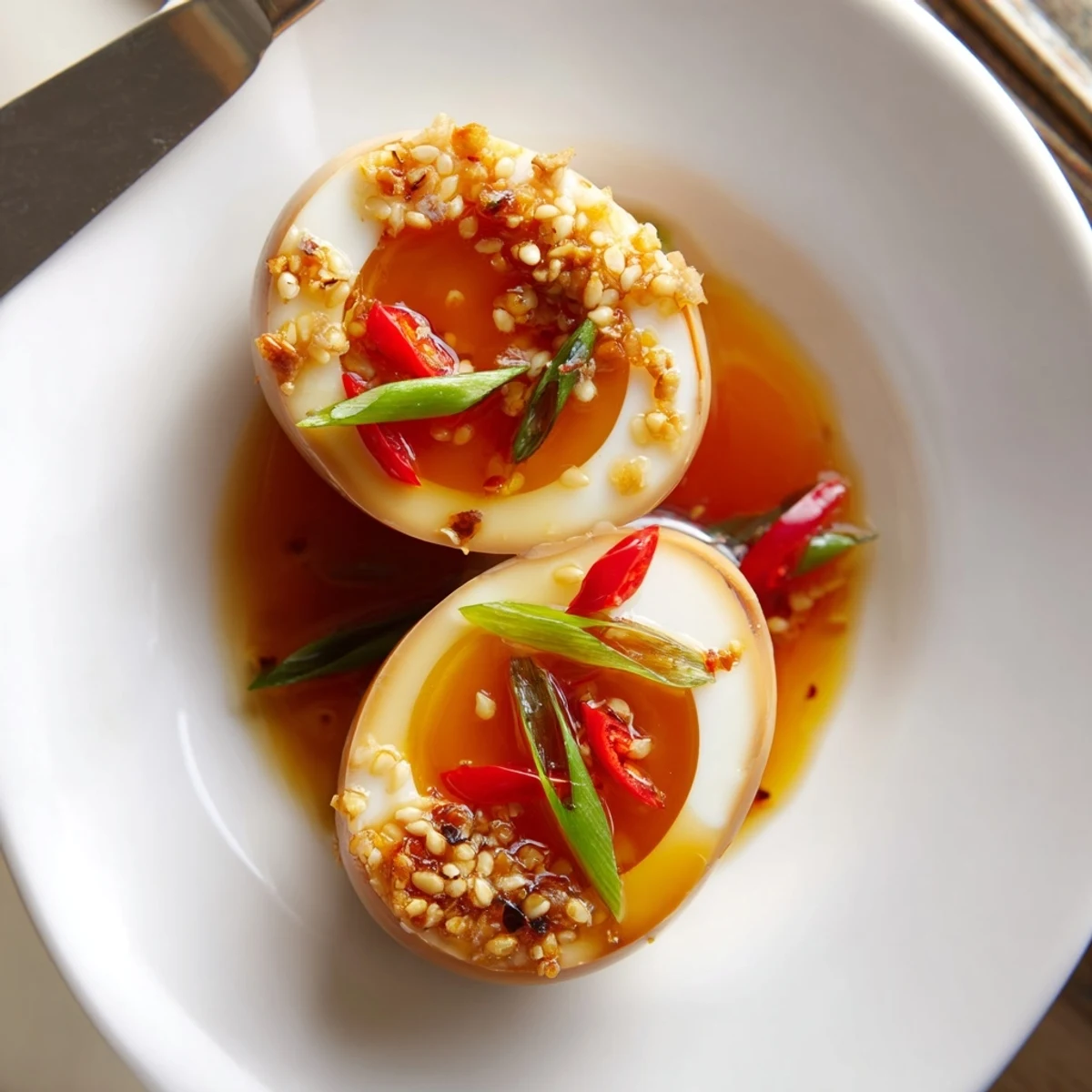 Savory Korean marinated eggs halved to show jammy yolks, served on white rice with chili slices for a spicy kick.