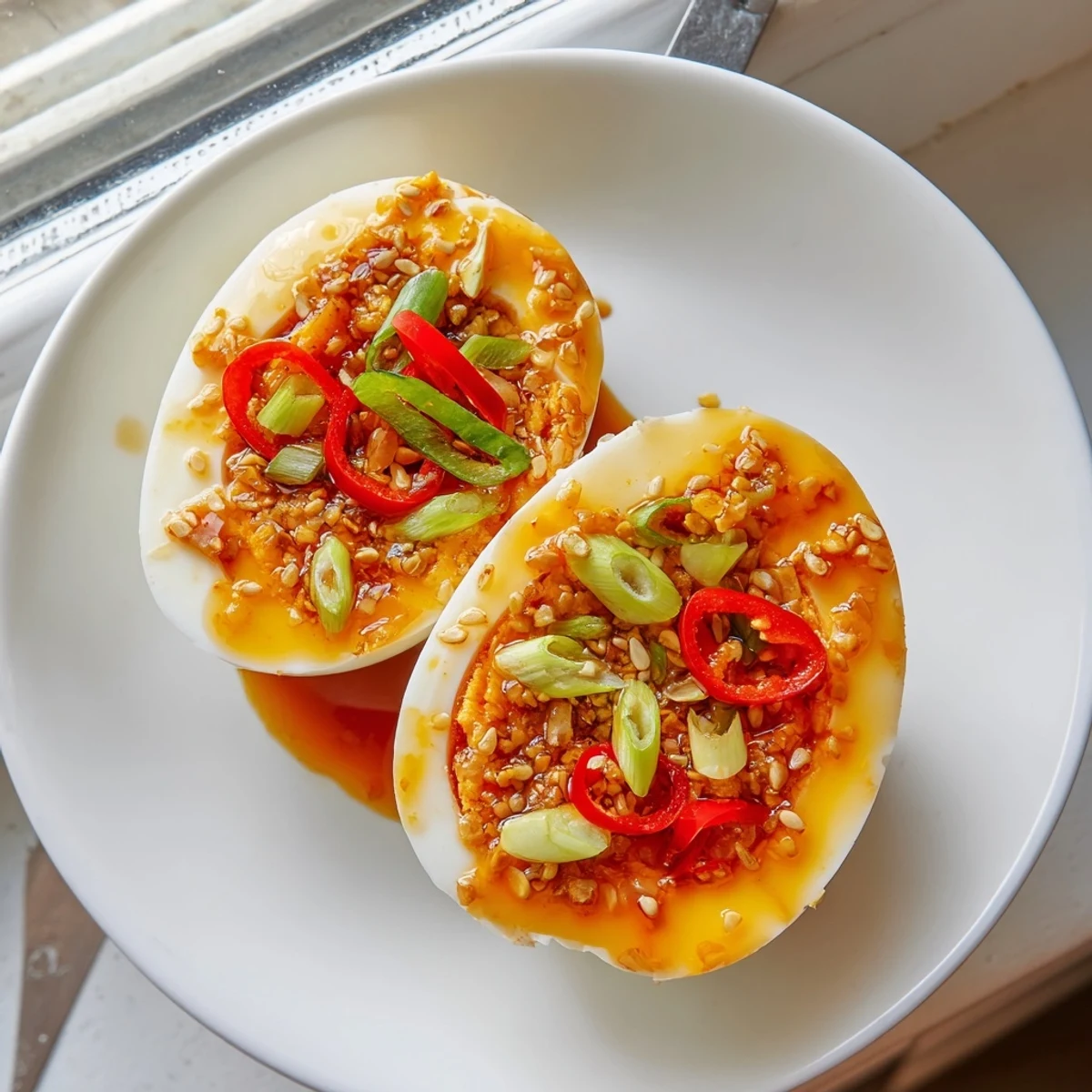 Six Korean marinated eggs soaking in a garlic sesame marinade, ready to be served as a delicious appetizer or side dish.