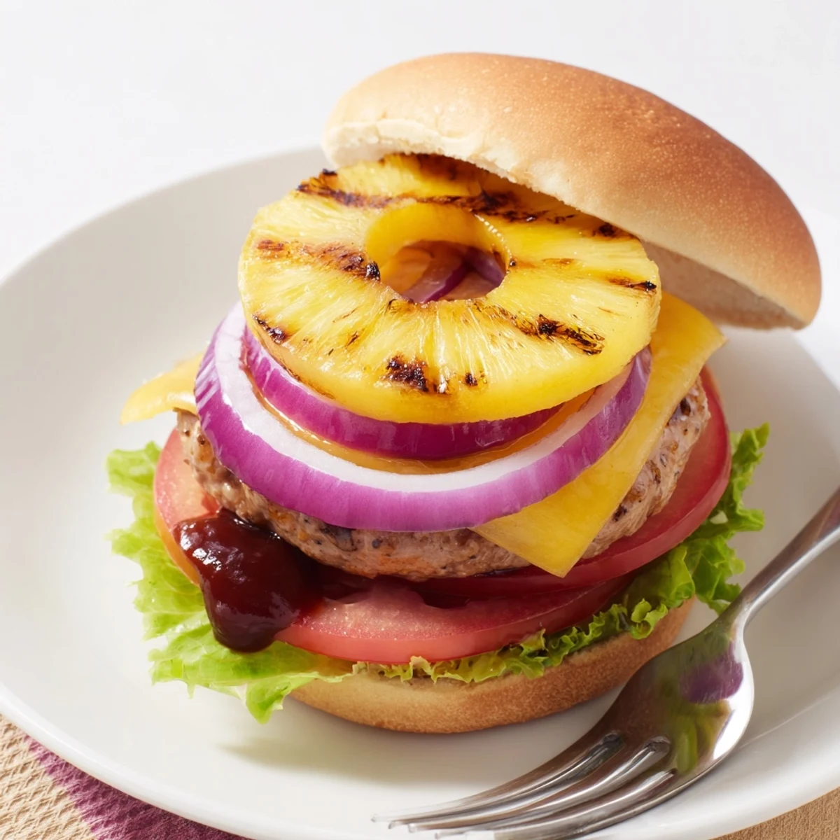 Juicy Hawaiian Pineapple Chicken Burger on a toasted bun with grilled pineapple rings and tangy barbecue sauce.