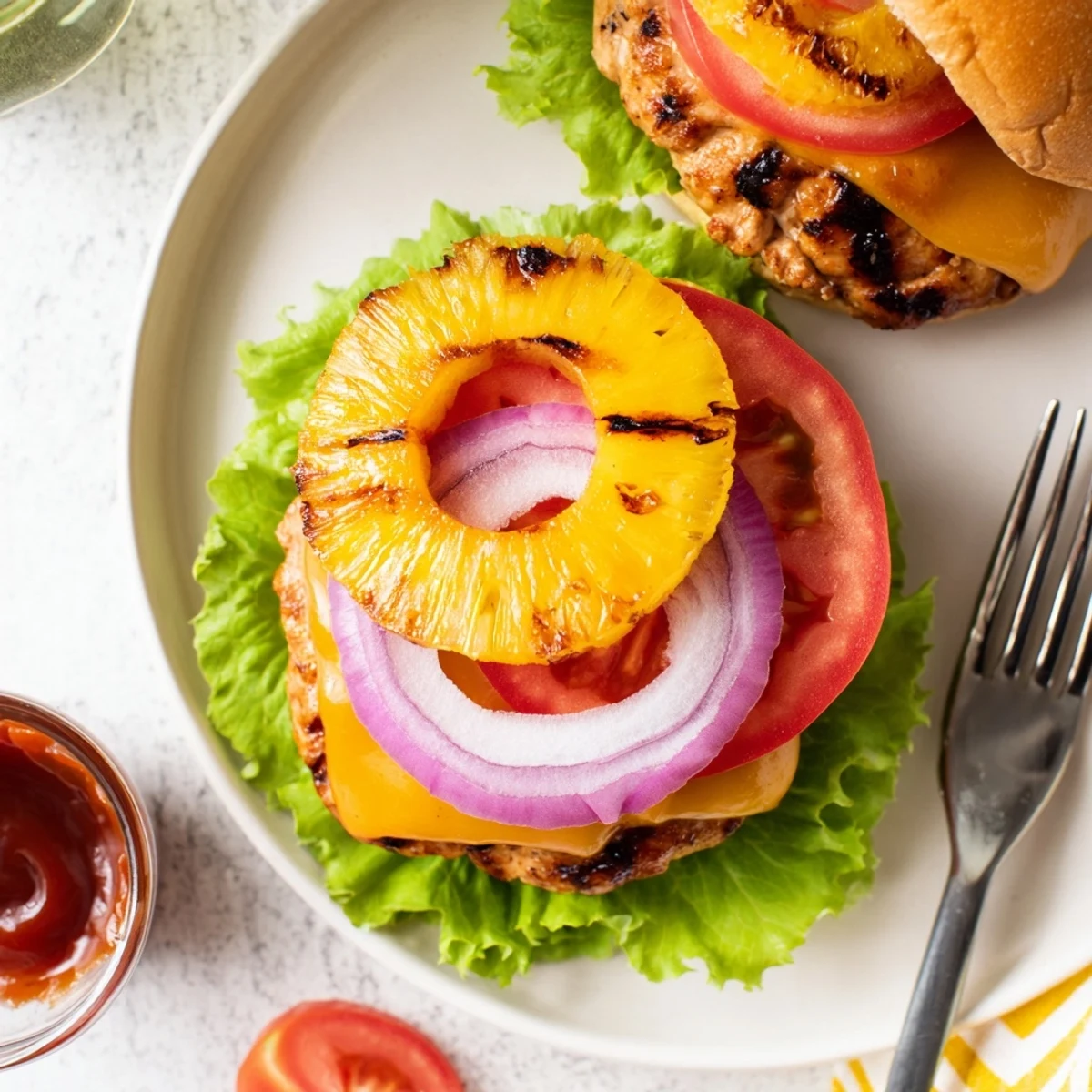A grilled Hawaiian Pineapple Chicken Burger with crisp lettuce, ripe tomato slices, and sweet caramelized pineapple.