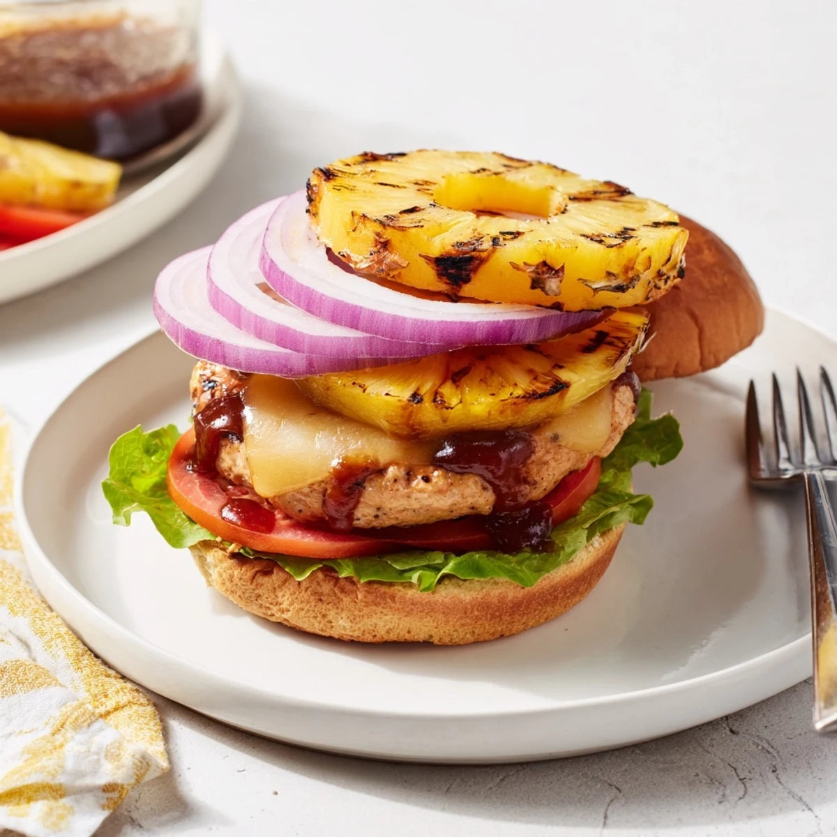 Close-up of a Hawaiian Pineapple Chicken Burger featuring a charred patty, juicy pineapple, and vibrant fresh toppings.