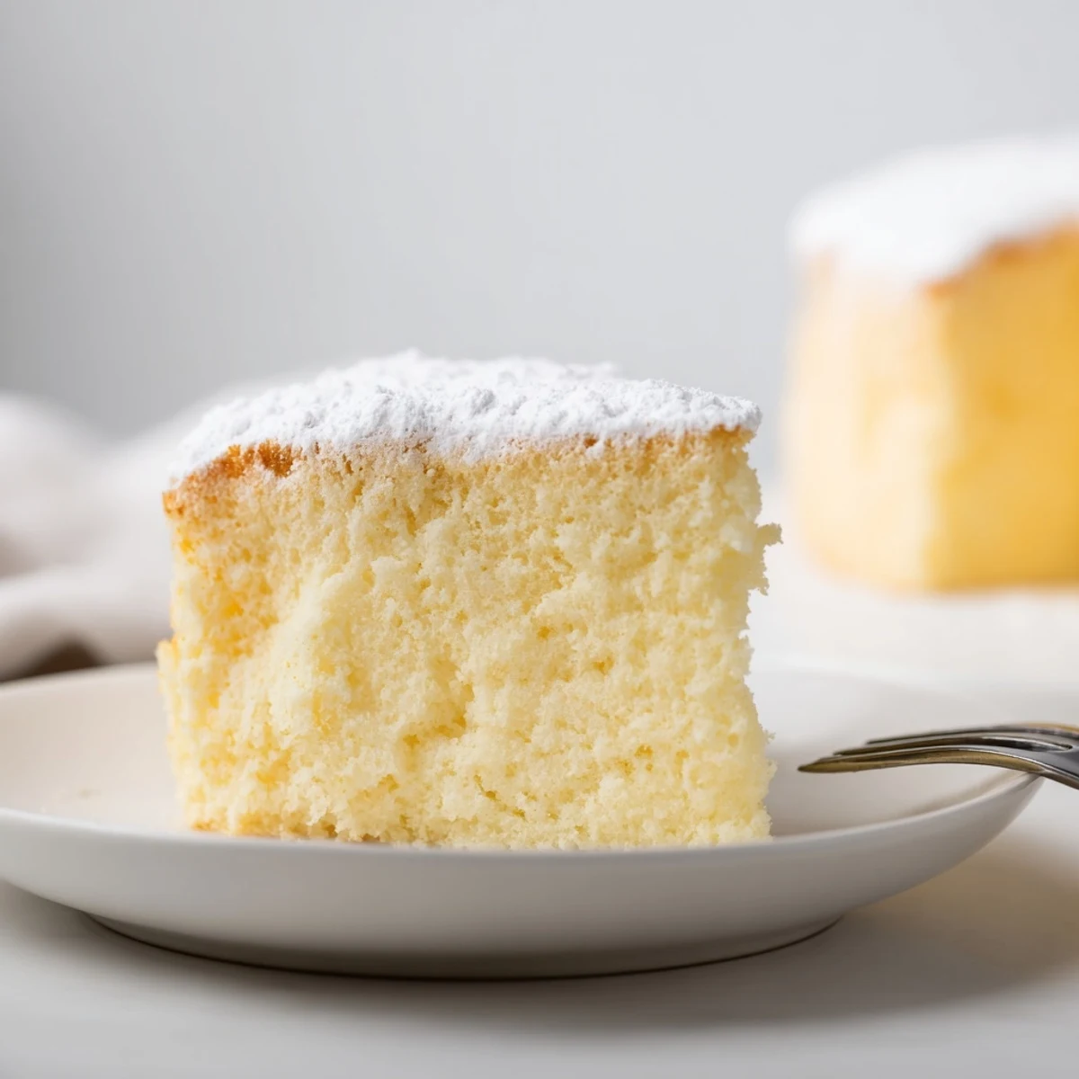 A slice of Fluffy Yogurt Cloud Cake sits on a white plate, dusted with powdered sugar and topped with fresh raspberries.