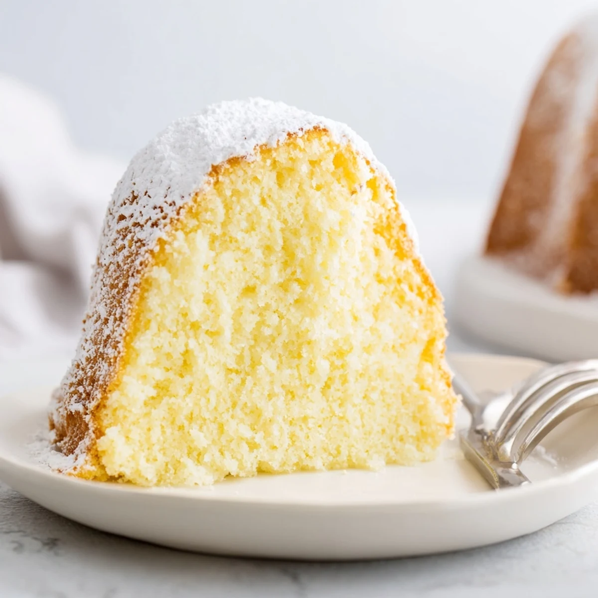 The Fluffy Yogurt Cloud Cake is presented whole, showing its light, airy texture and golden-brown top against a marble counter.