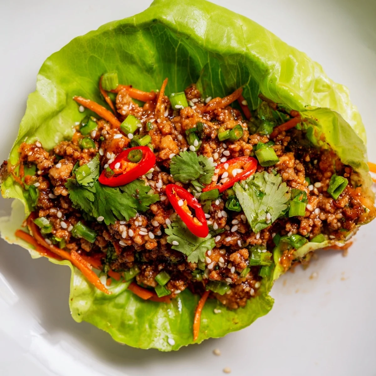 Succulent Potsticker Chicken Lettuce Boats garnished with sesame seeds and fresh cilantro, served with a small bowl of savory dipping sauce.