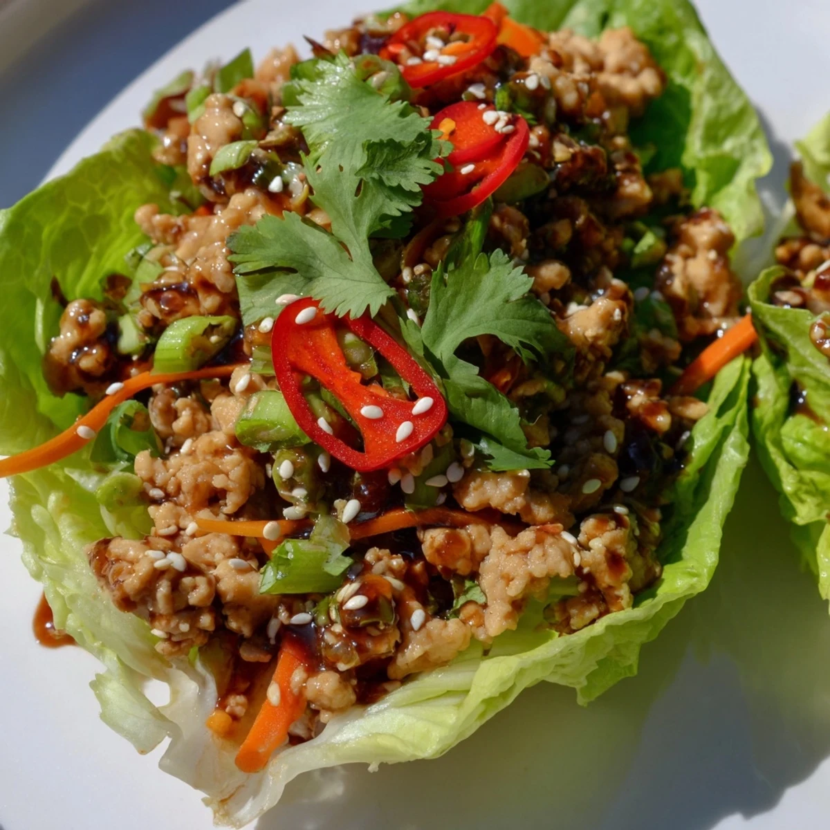 Vibrant Potsticker Chicken Lettuce Boats arranged on a white platter, featuring sautéed ginger chicken and shredded carrots inside buttery lettuce leaves.
