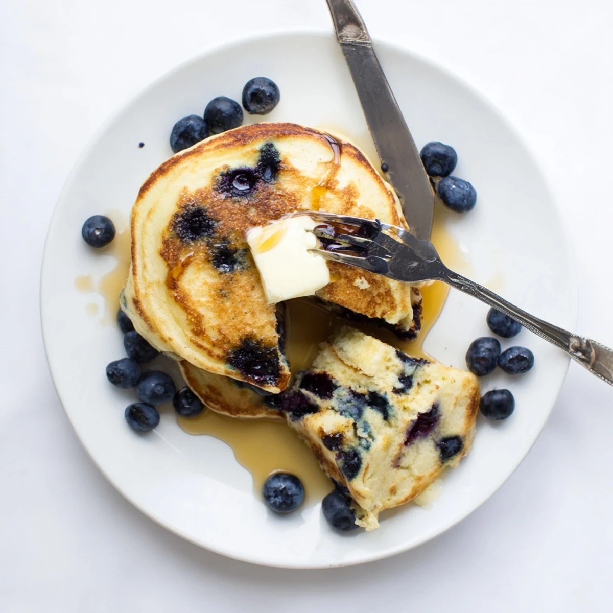 Stack of Fluffy Greek Yogurt Blueberry Pancakes served with fresh berries and yogurt dollop.