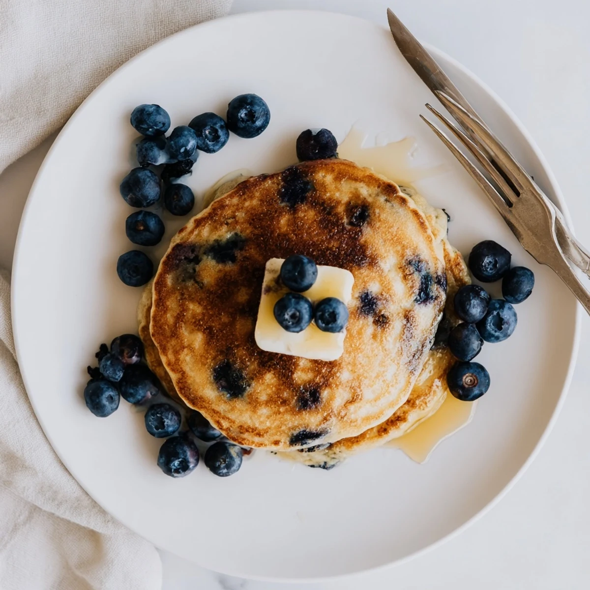 Fluffy Greek Yogurt Blueberry Pancakes topped with maple syrup on a white plate.
