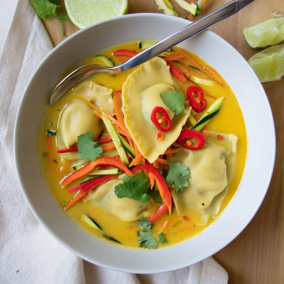 Vibrant bowl of Yellow Thai Curry Dumpling Soup with tender tofu dumplings and fresh vegetables in rich coconut broth.