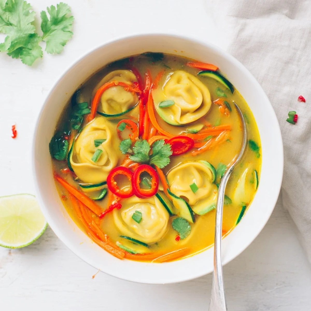 Steaming Yellow Thai Curry Dumpling Soup garnished with cilantro, red chili slices, and lime wedges next to chopsticks.