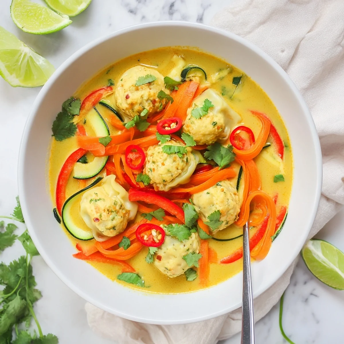 Close-up of Yellow Thai Curry Dumpling Soup showing golden broth, filled dumplings, and colorful zucchini and bell peppers.