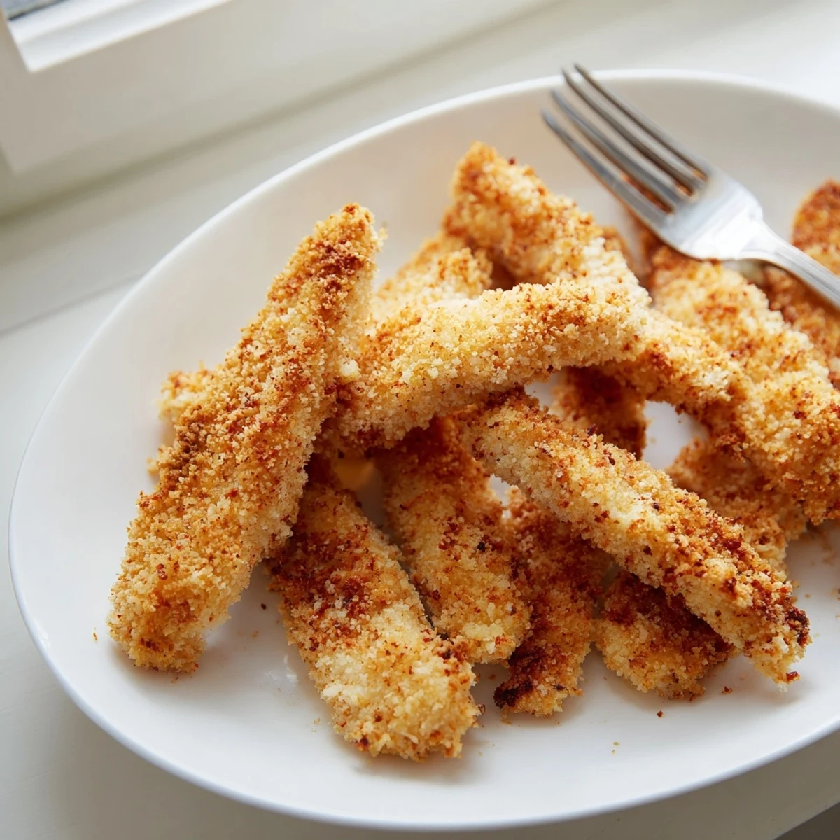 Golden, crispy Panko Crusted Chicken Strips served with dipping sauce on a plate.