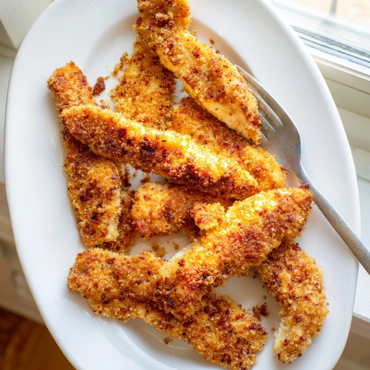 Tender inside and crunchy outside, these Panko Crusted Chicken Strips are ready to serve.