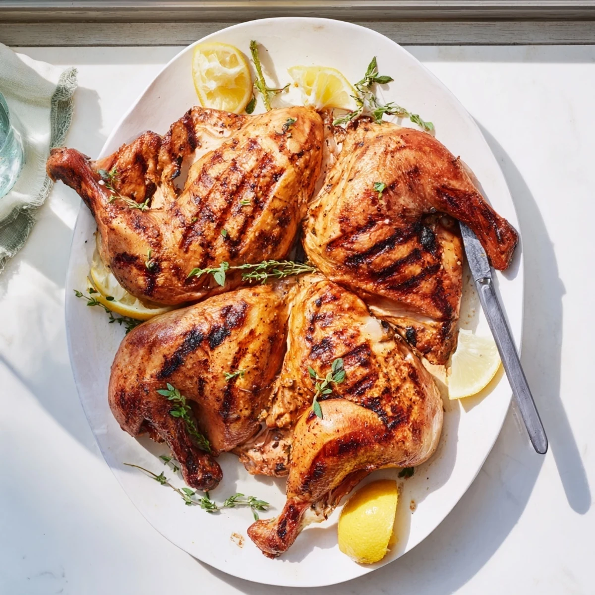 Golden-brown BBQ roast lemon and oregano chicken with crispy skin rests on a wooden cutting board beside fresh lemon wedges.