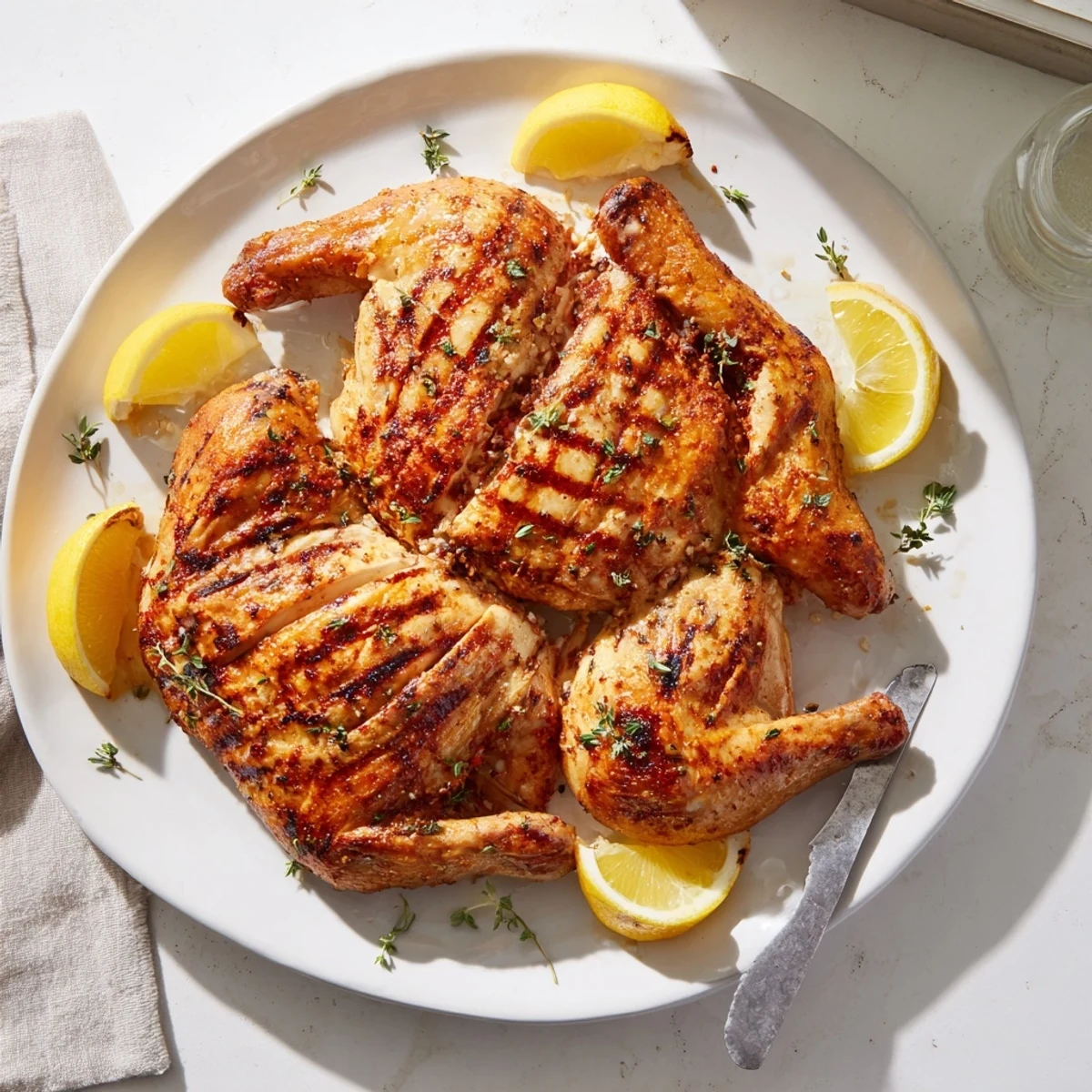 Succulent BBQ roast lemon and oregano chicken with charred skin sits beside lemon wedges on a rustic platter for summer entertaining.