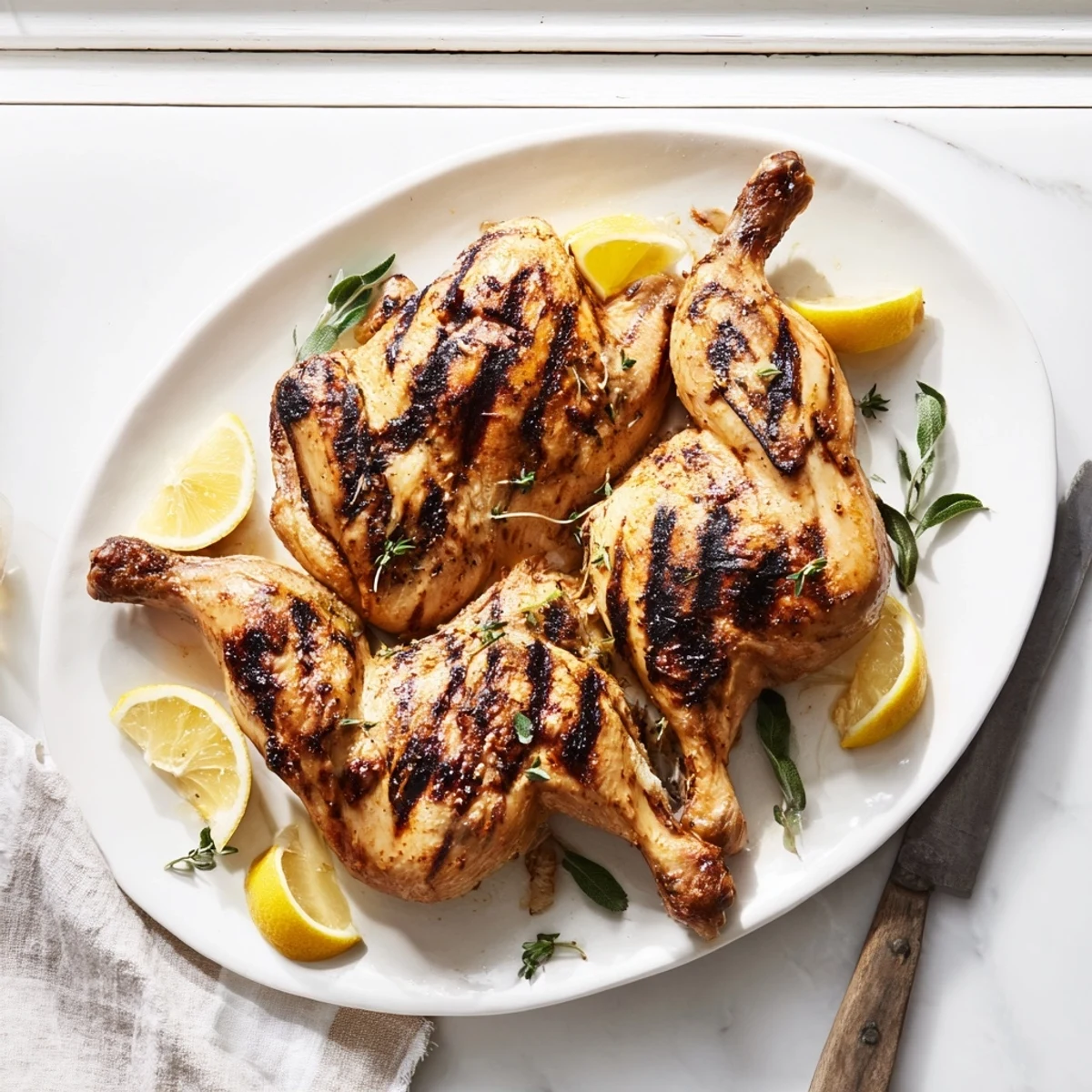 A juicy whole roasted chicken marinated with lemon and oregano is garnished with herbs, ready to slice for a family dinner.