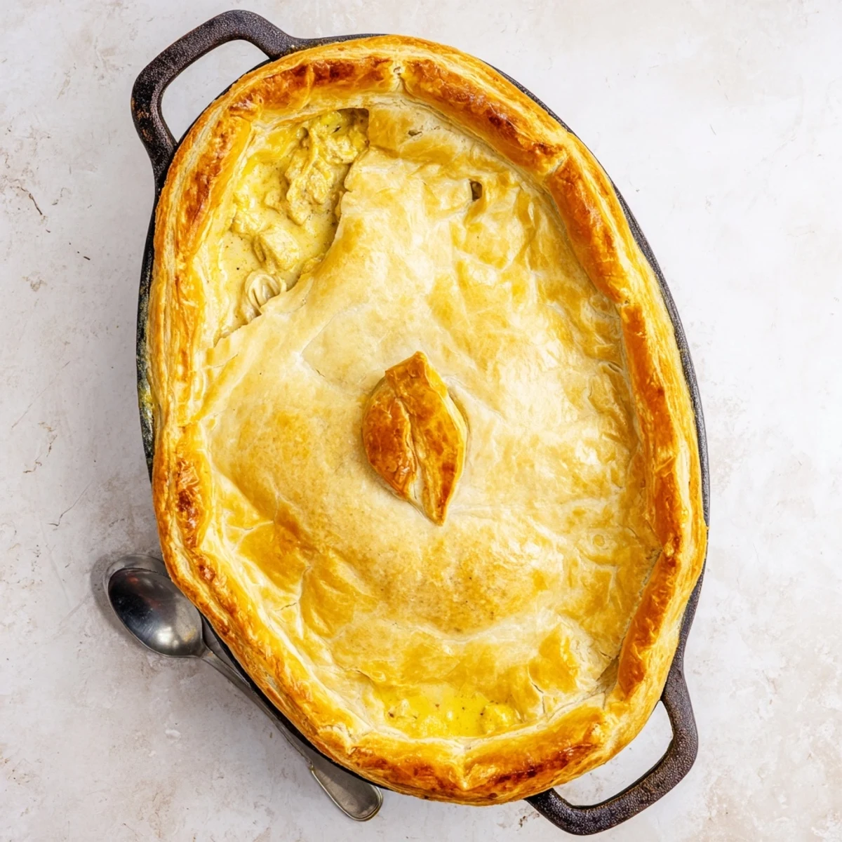 A golden, flaky pastry top crowns the One Pan Chicken Korma Pie, hiding creamy chicken korma filling inside the skillet.