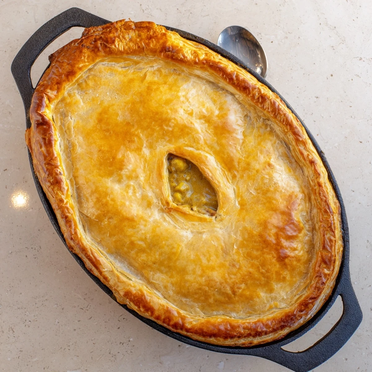 Sliced into a serving portion, the One Pan Chicken Korma Pie reveals tender chicken, peas, and aromatic spices in every bite.