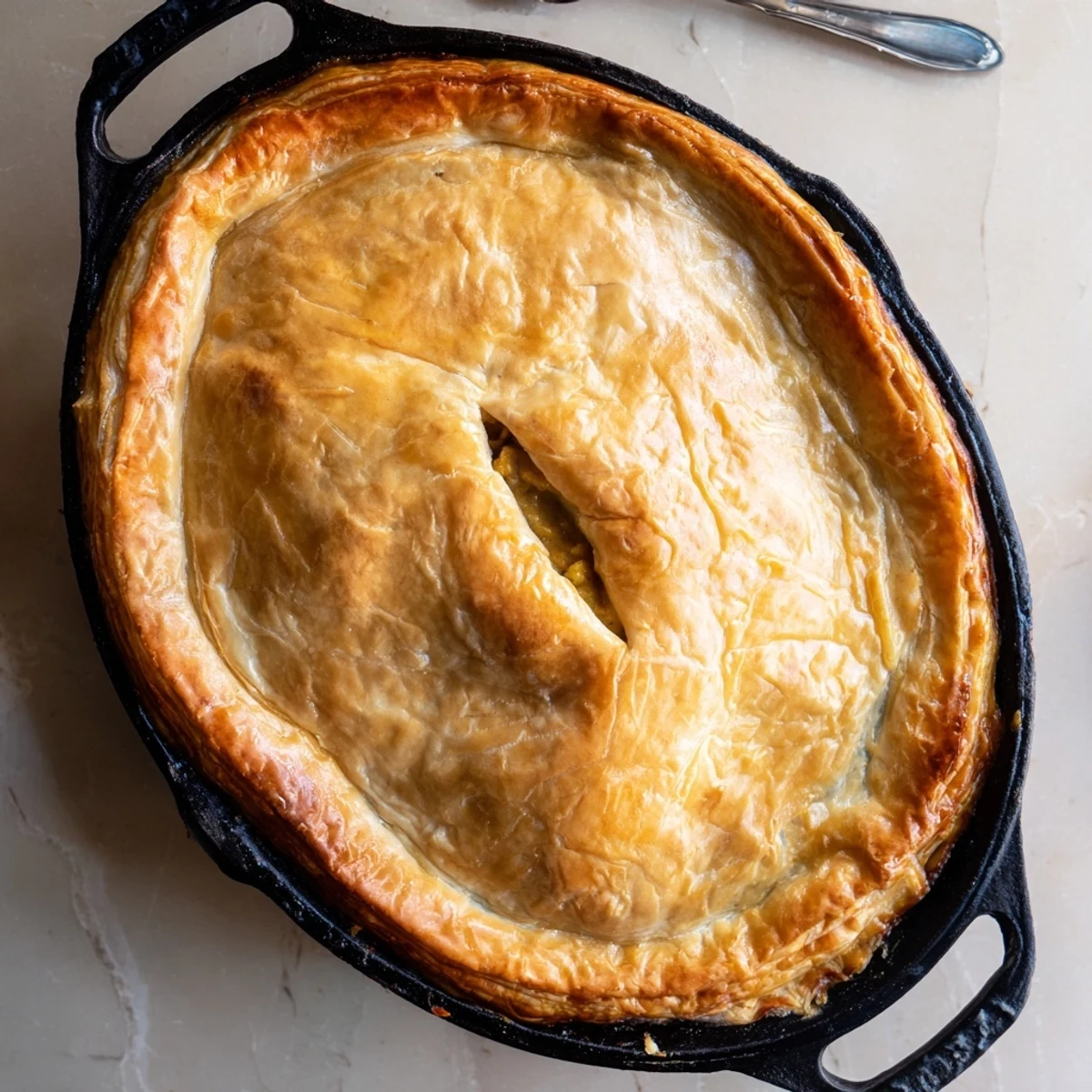 Fresh cilantro garnishes the One Pan Chicken Korma Pie, served straight from the ovenproof skillet with steam rising.
