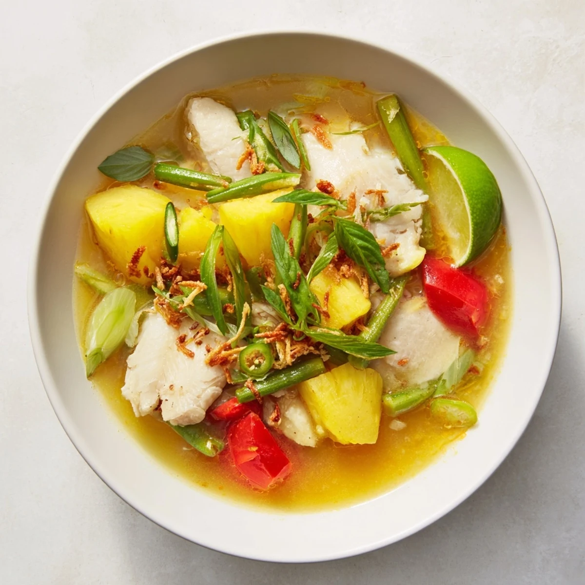 Steaming bowl of Modern Canh Chua, loaded with white fish, pineapple, tomatoes, and bean sprouts in clear broth.
