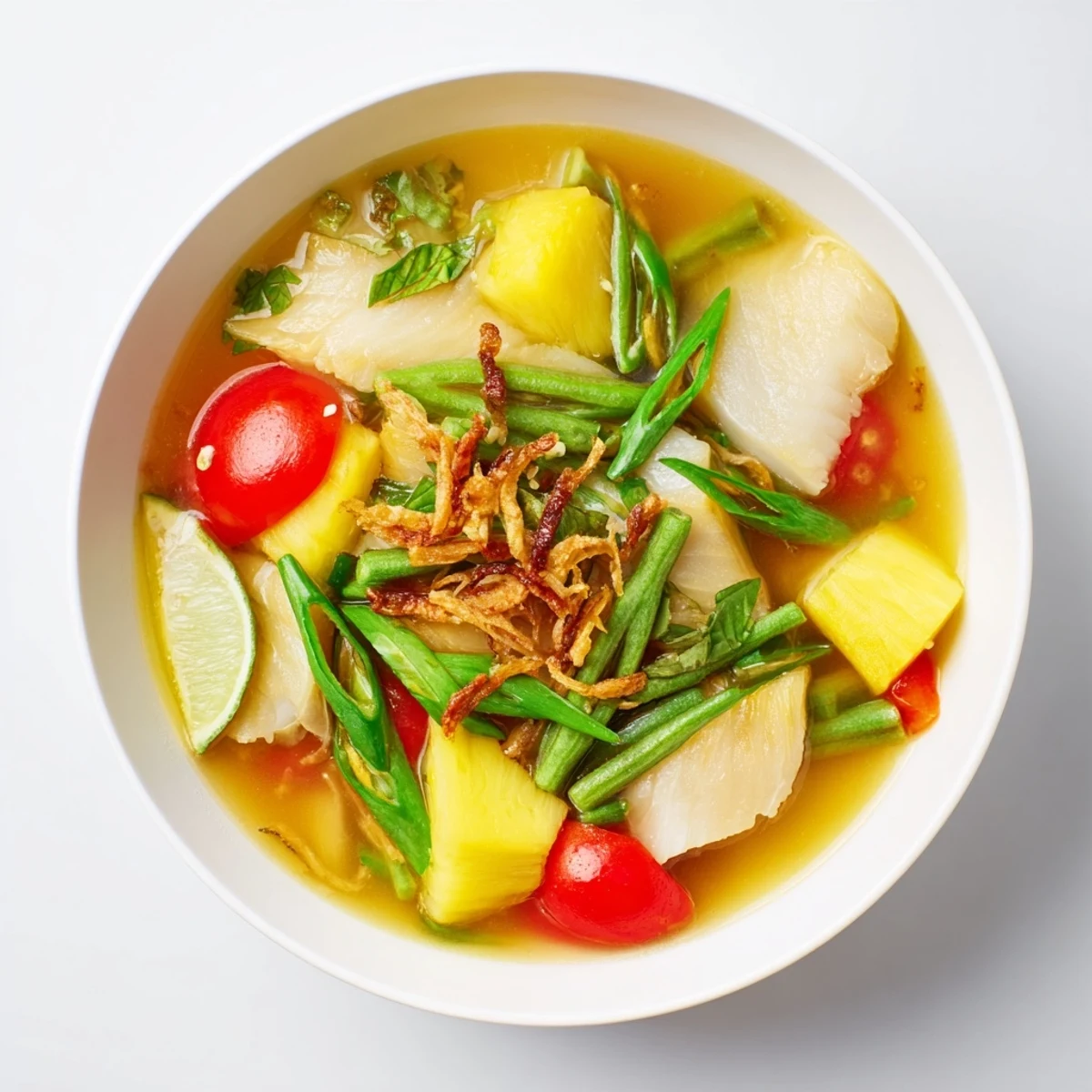 Bright Modern Canh Chua soup with fresh herbs, lime wedge, and fried shallots served in a white ceramic bowl.