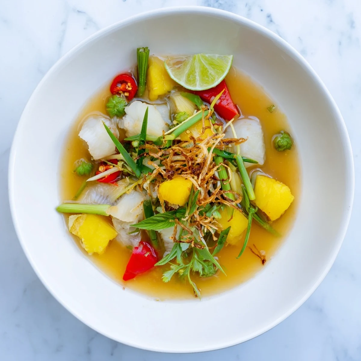 Flavorful Modern Canh Chua with tender fish, red tomatoes, and pineapple chunks, garnished with Thai basil and cilantro.