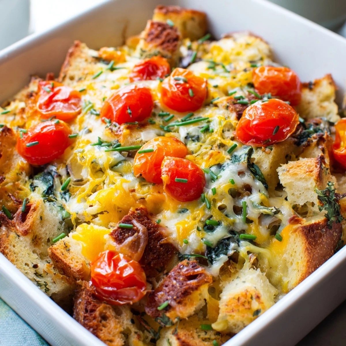 Sliced squares of Cheesy Breakfast Strata With Roast Cherry Tomatoes show melty cheddar and Gruyère, with caramelized tomatoes glistening on top.