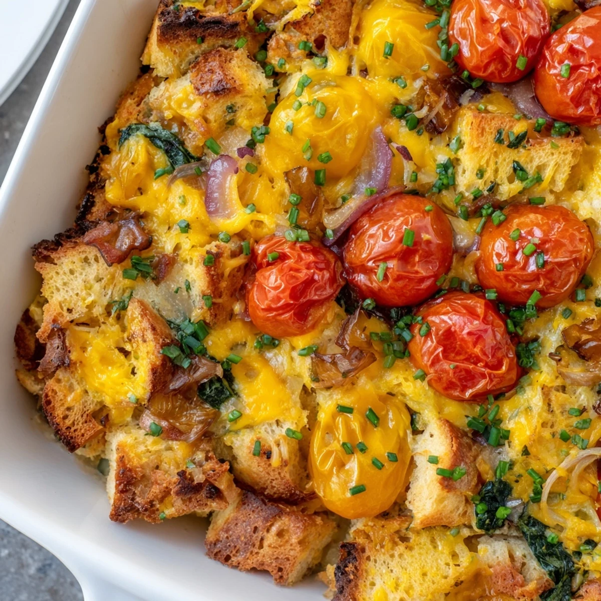 A spoon lifts a serving of Cheesy Breakfast Strata With Roast Cherry Tomatoes, revealing layers of crusty bread and creamy custard.