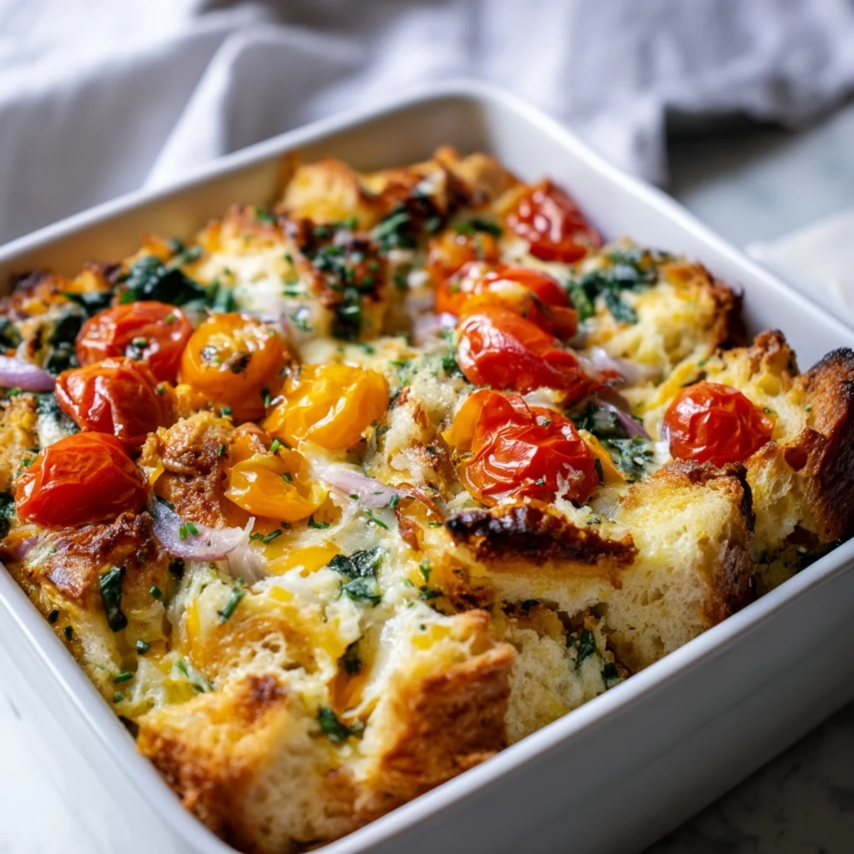 Fresh chives sprinkle over a baked Cheesy Breakfast Strata With Roast Cherry Tomatoes, served warm for a cozy vegetarian breakfast.