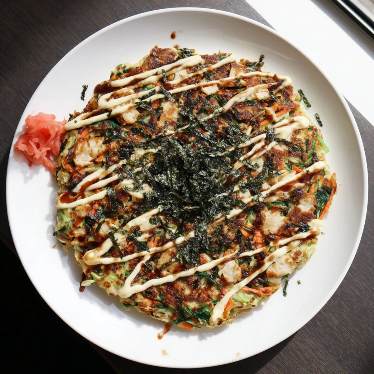 A close-up of Chicken Okonomiyaki topped with creamy Japanese mayo, bonito flakes, and a sprinkle of green onions.