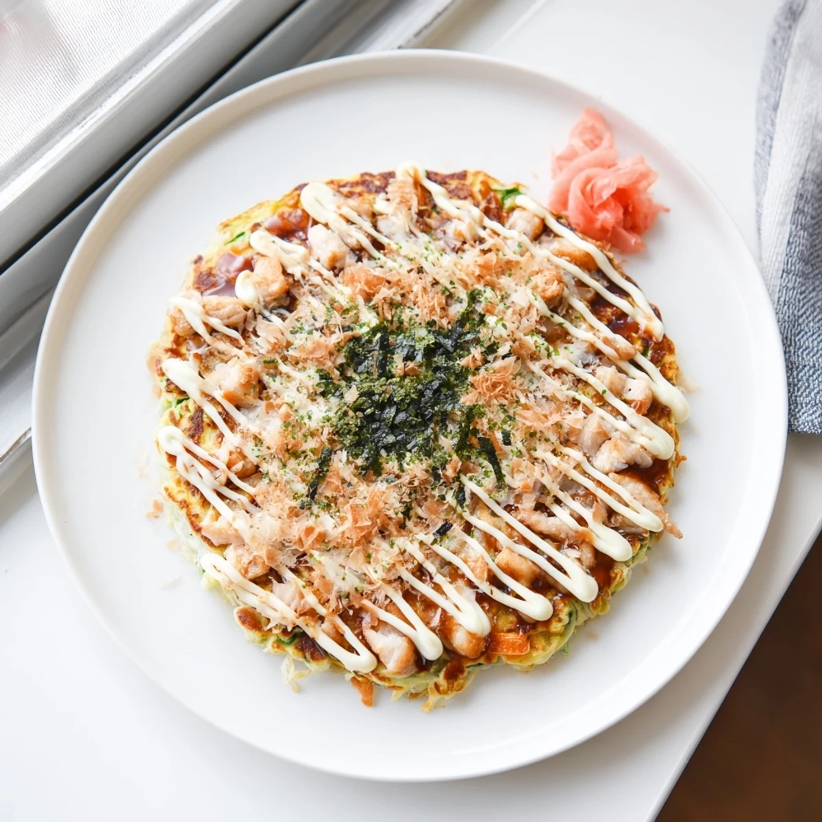 Golden-brown Chicken Okonomiyaki pancake with shredded cabbage, tender chicken pieces, and a drizzle of tangy okonomiyaki sauce.