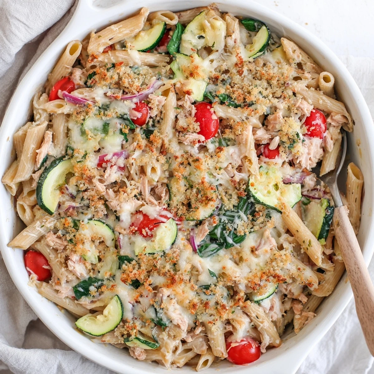 A hearty slice of Lactose-Free Tuna and Veggie Pasta Bake shows creamy sauce and colorful veggies.