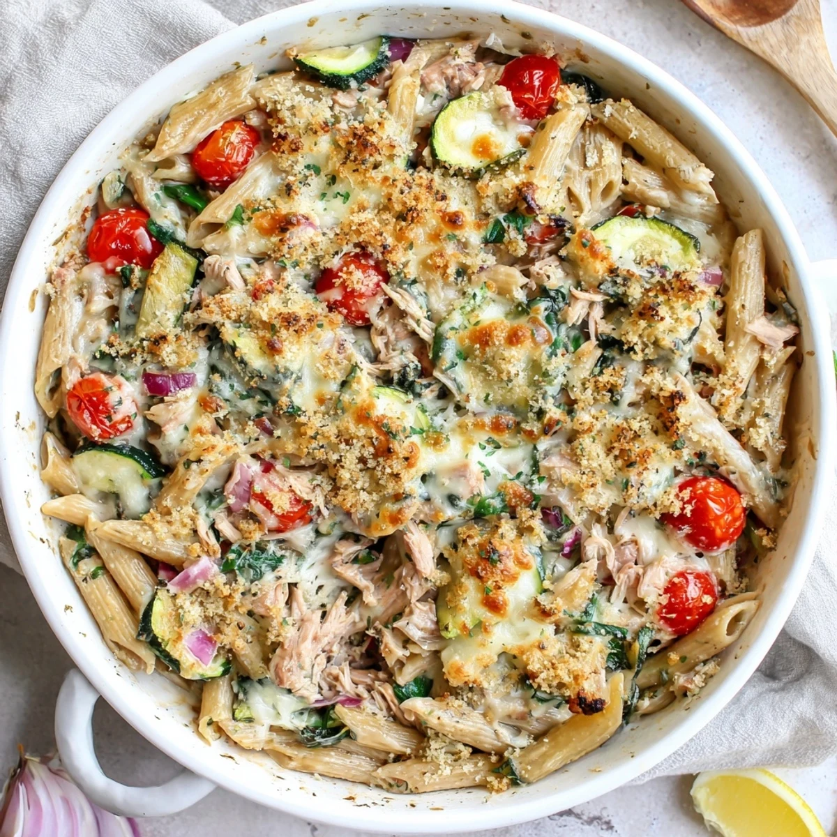 Golden bubbling lactose-free cheese tops the Lactose-Free Tuna and Veggie Pasta Bake fresh from the oven.
